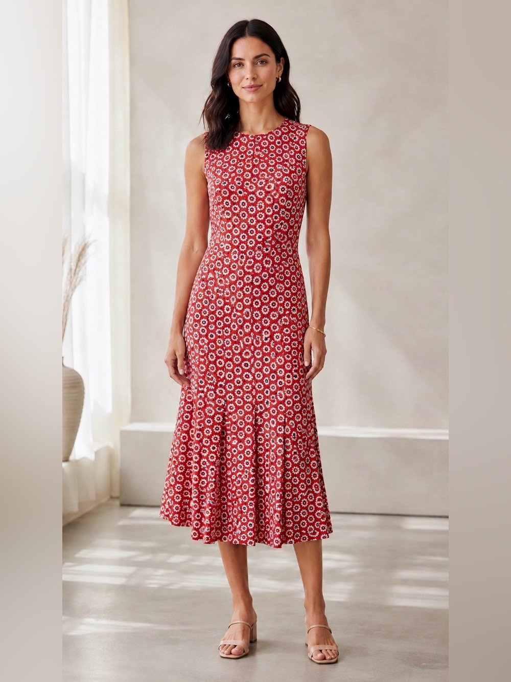 Tory Burch Red Daisy Print Midi Dress XS TP 100% Viscose Pleated Back Authentic